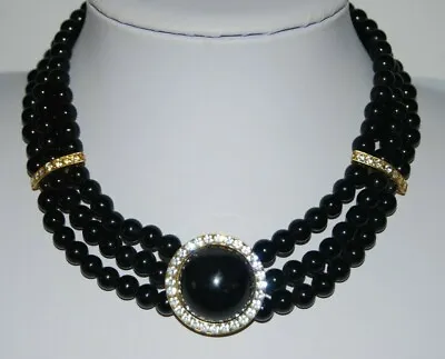 Wonderful Vintage Couture Glass Black Beads And Rhinestones Statement Necklace • $24.75