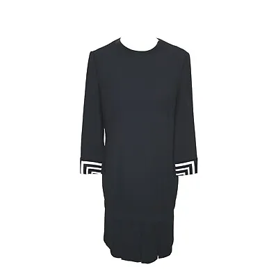 Louis Feraud Vintage Wool  Dress Size UK 12 Solid Black Long Sleeve Pleated • $119.95