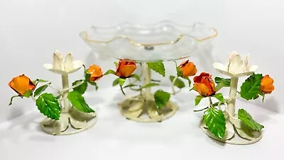 Toleware Vintage Mid-Century Metal Rose Glass Bowl With Matching Candle Holders • $125