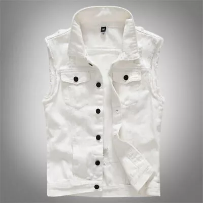 Mens White Denim Biker Waistcoat Gilet Ripped Sleeveless Jacket Vest Tops Vest • $31.90