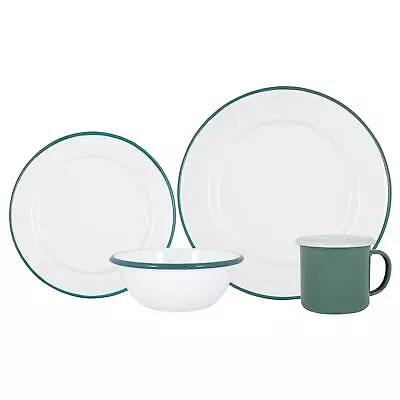 16 Piece White Enamel Dinner Set Metal Camping Plates Bowls Mugs For 4 Green • £36