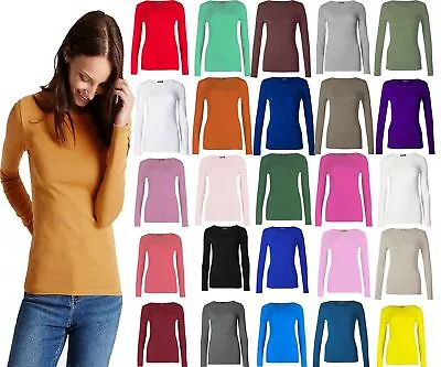 Womens Ladies Long Sleeve Stretch Plain Scoop Neck T Shirt Top Assorted 8-26 • £4.95