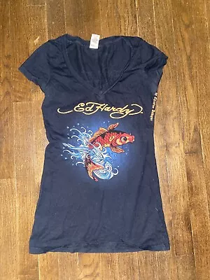 Ed Hardy Christian Audigier Original  Black Crystal Koi Fish T-shirt Small Y2K • $30