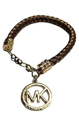 MICHAEL KORS Bracelet Braided Leather Cord 9  Goldtone Metal Logo Signed Gift • $30.60
