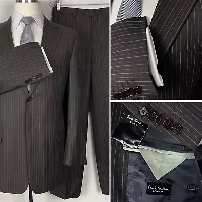 Paul Smith London Pinstripe Wool Cashmere Willoughby Suit 38L Flat Pants 33 X 28 • $129.99