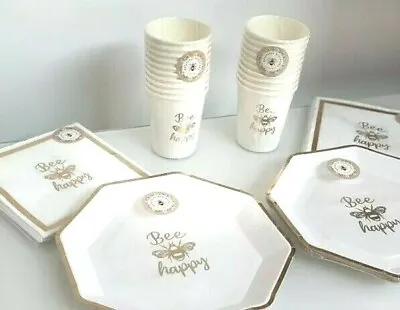 Bee Happy Gold Bumble 🐝 Disposable Party Tableware Cups Plates & Napkins NEW • £13.99