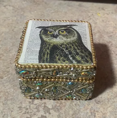 Painted On Canvas OWL On Small Wood Trinket Box With Beaded/Jeweled Sides • $10.95