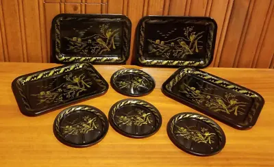 Vintage Asian Theme Birds Black Gold Metal 4 Cocktail Mini Tip Tray + 4 Coasters • $15