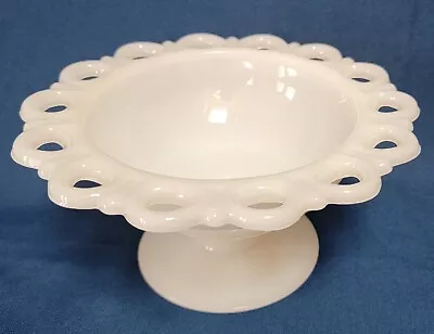 Anchor Hocking Pedestal Open Lace Edge ~White Milk Glass Dish /Bowl ~Vintage • $12.50