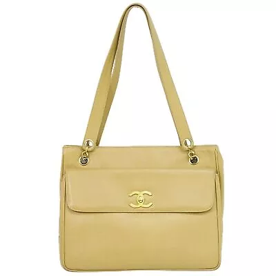 CHANEL Coco Mark Caviar Skin Leather Shoulder Tote Bag Beige Gold • $3048.90