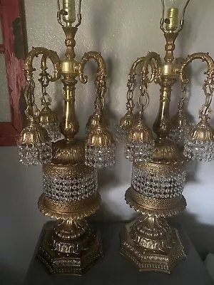 Pair Of Elegant Ornate MCM Hollywood Regency Brass W/Crystal Prisms Lamps Lights • $1200
