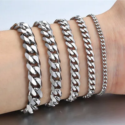 7-11  MENS Silver Stainless Steel Chain Bracelet 3/5/7/9/11/mm Cuban Curb Link • $9.49