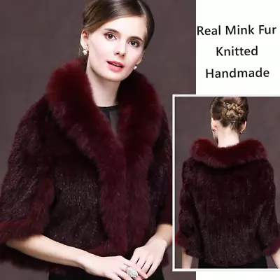 Women Coat HandMade Knitted Real Mink Fur Shawl With Fox Fur Collar - Wine Red • $157