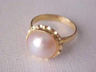 12mm Aaa Genuine Pinkish White Mabe South Sea Pearl Ring 18k Yellow Gold Sz 6.5 • $310