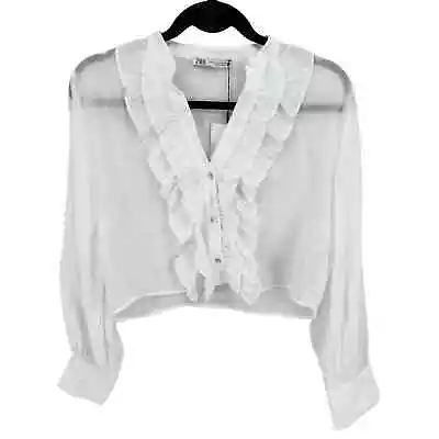 Zara White Ruffle Cropped Top Women Size XL Romantic Victorian Long Sleeve NWTs • $24.88