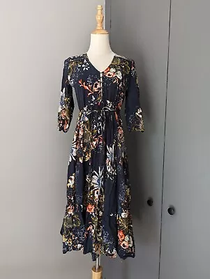 Jaase Floral Flower Navy Blue Long Sleeve Maxi Casual Dress Size S • $29
