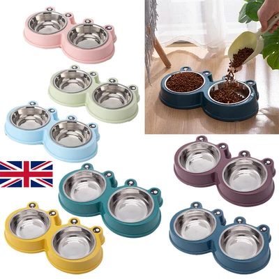 £6.89 • Buy Pet Double Bowls Dog Puppy Twin Steel Bowls Animal Cat Food Water Feeding Dish