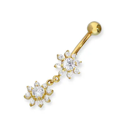 9ct Gold & Double Hanging Clear CZ Crystal Flowers Ball End Belly Bar • £107