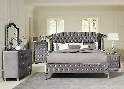 NEW Fully Upholstered Gray Velvet 5 Piece Queen King Bedroom Set Furniture IA72 • $2354.87