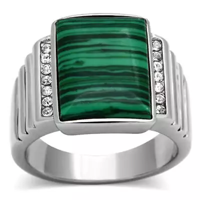 Mens Malachite Ring Emerald Cut  Silver Signet Pinky Cubic Zirconia Steel • £19.95