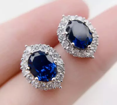 4Ct Oval Lab-Created Blue Sapphire & Diamond Stud Earrings 14K White Gold Plated • $91