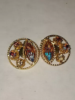 Vintage Austrian  Amber Purple AB Crystal Clip Earrings Gold Tone • $22