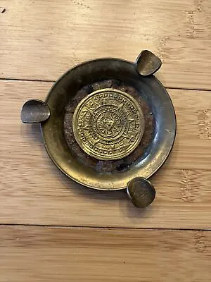 Vtg Copper & Brass Mexican Aztec Mayan Calendar Ashtray Ash Tray 4” • $10.99