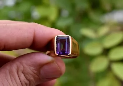 14k Yellow Gold Plated Silver 3 Ct Emerald Cut Natural Amethyst Mens Pinky Ring • $397.49