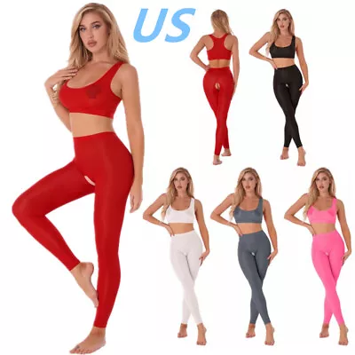 US Women 2Pcs Tracksuits Sheer Mesh Crop Top Vest With Open Crotch Tights Pants • $4.74