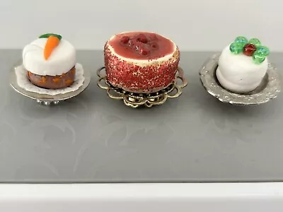 3 VTG Artisan Miniature Dollhouse Cakes Dessert Cherry Carrot Metal Stand Food • $16.79