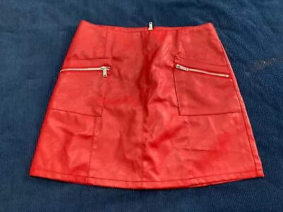 Red Faux Leather Skirt Size 10 EU38 Zip Mohito Front Zip Pocket • £8