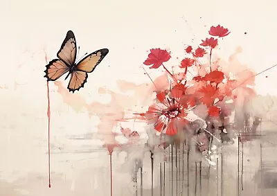 Vibrant Dance: Butterfly Amidst Red Blooms 5x7 Painting Print • £4.99