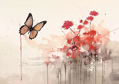 Vibrant Dance: Butterfly Amidst Red Blooms 5x7 Painting Print • £4.99