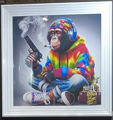 Gangster Smoking Monkey With Gunheadphoneliquid Art & White Step Frame Picture • £69.99