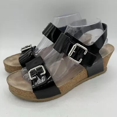 Mephisto Lissandra Black Patent Leather Cork Heel Comfort Wedge Sandal Size 41 • $49