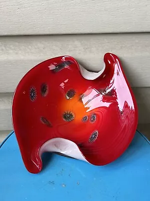 Murano Style Millefiori Red Cased Folded Edge Heavy Art Glass Bowl 10” • $50