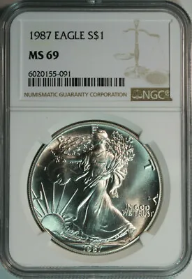 $52 • Buy 1987 NGC Silver American Eagle Dollar MS69 / Freshly Graded / No Milk Spots