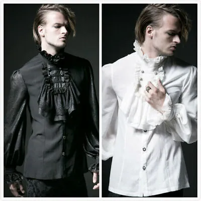 Punk Gothic Men Chiffon Shirt Steampunk Lace Embossed Stand Collar Party Blouse • $84.83