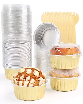 Aluminum Foil Baking Cups With Lids 50Pcs 5oz Foil Cupcake Muffin Liners Spoons • $15.19