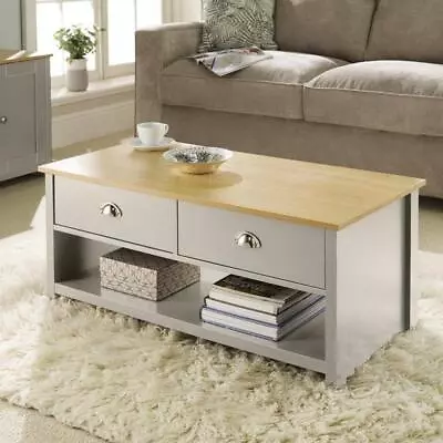 Coffee Table 2 Drawer Oak Grey Occasional Table D Cup Metal Handles Furniture • £59.99