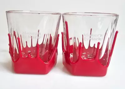 Makers Mark Bourbon 8oz Rocks Red Wax Dip Whiskey Glasses Set Of 2 Barware VGC • $18.95