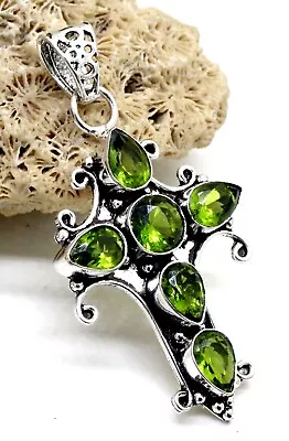 925 Sterling Silver Green Peridot Gemstone Handmade Jewelry Cross Pendant Size-2 • $14.53