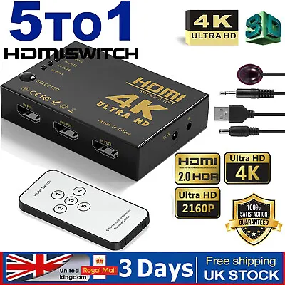 4K HDMI Switch Switcher 5 Port Splitter Hub IR Remote For HDTV PS3 5 In 1 Out • £6.99