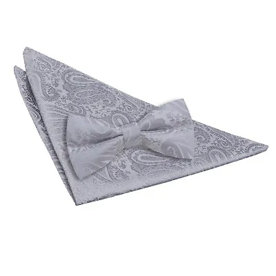 Silver Mens Pre-Tied Bow Tie Hanky Wedding Set Woven Floral Paisley By DQT • £9.99