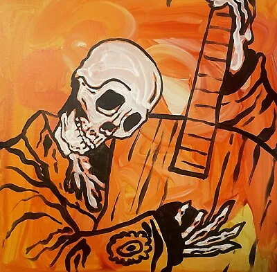 Skeleton Original Canvas Painting Mexican 9x9 Latin Mariachi Guitar • $57