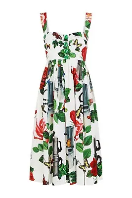 AUTH Dolce&Gabbana Coffee Pot Roses Printed Flared Cotton Bustier Dress 42 • $744