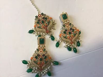 Indian Pakistani Fashion  Jewelry Naurattan Tikka Earring Set Pearls Green • $20.99