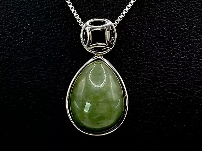 Vintage Sterling Silver Natural Green Jade Teardrop Necklace Pendant & Box Chain • $30