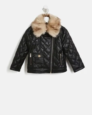£22 • Buy New River Island Baby GIRLS BLACK FUR COLLAR BIKER FAUX LEATHER JACKET 12-18 M