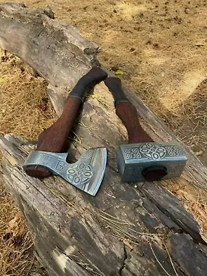 2pcs Set - Viking Axe  Viking Hammer  Mjolnir Hammer Hand Forged Corban Steel • $174.99